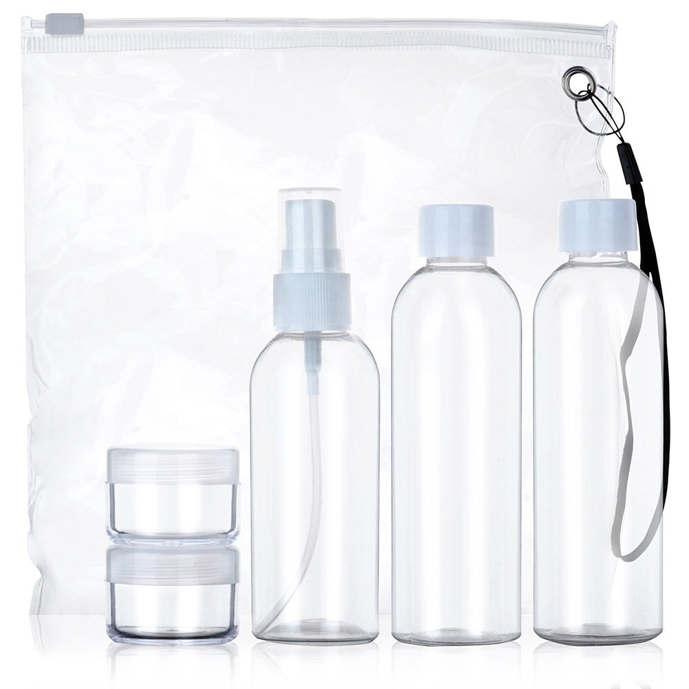 Bottles travel containers for cosmetics for the plane with a 5-piece cosmetics bag