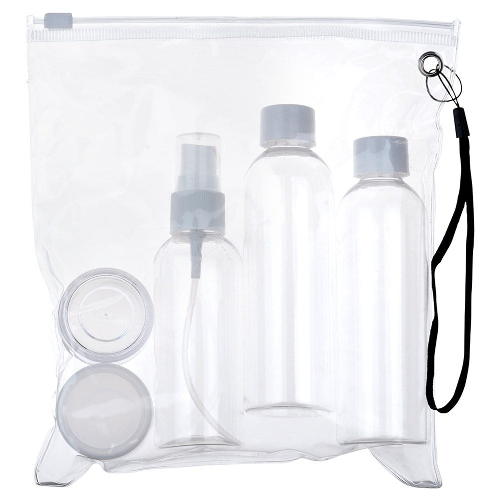 Bottles travel containers for cosmetics for the plane with a 5-piece cosmetics bag