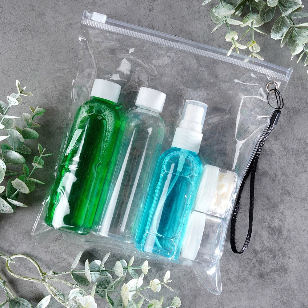Bottles travel containers for cosmetics for the plane with a 5-piece cosmetics bag