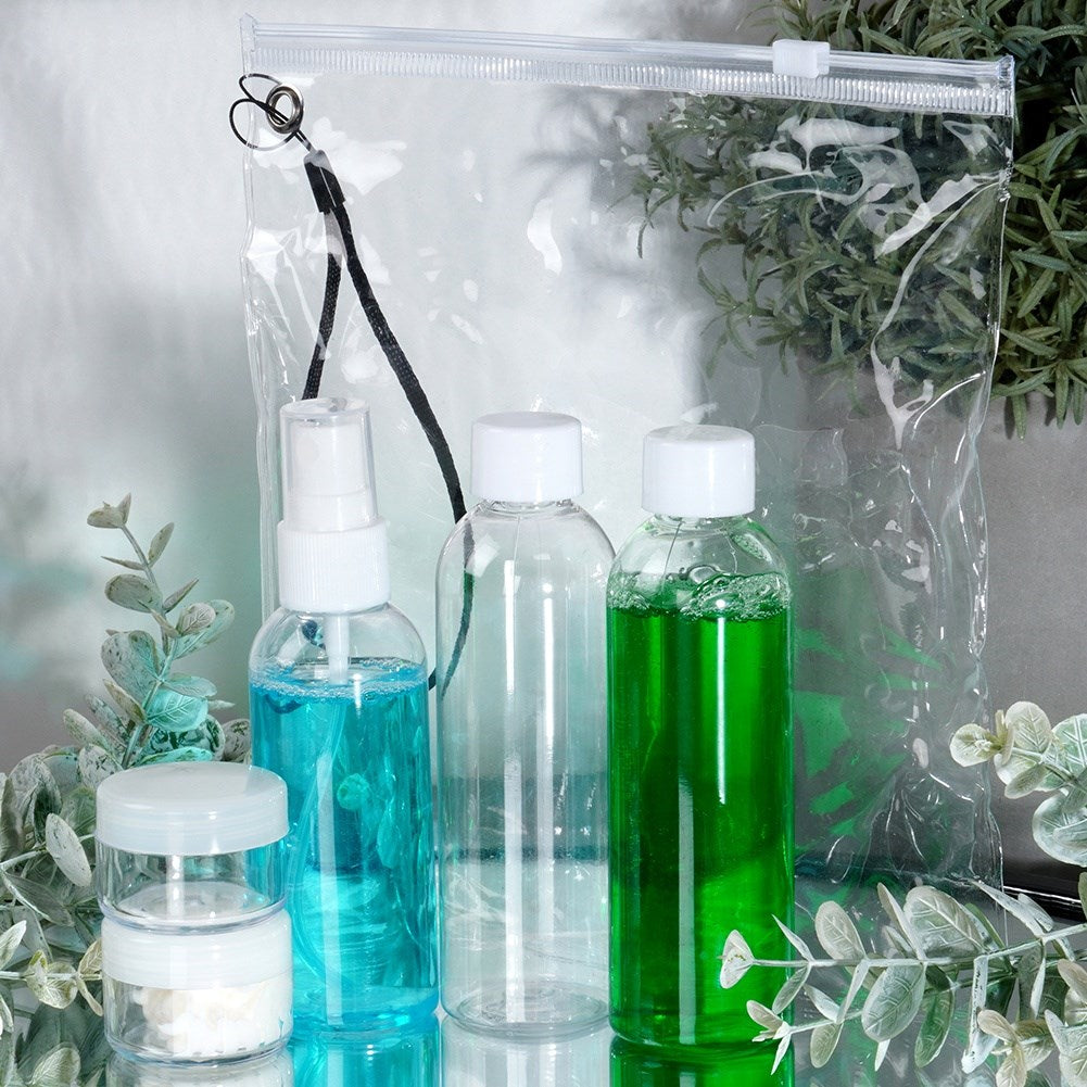 Bottles travel containers for cosmetics for the plane with a 5-piece cosmetics bag