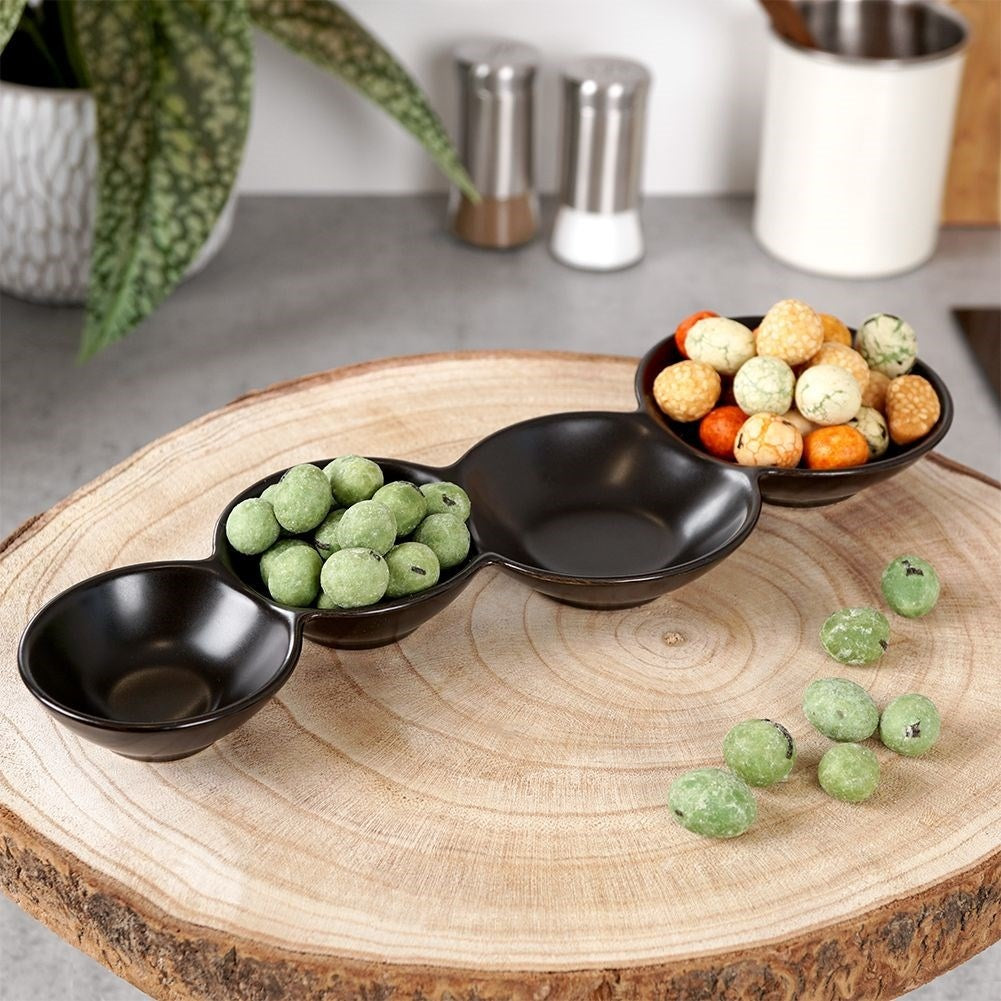 Bowl for snacks in black porcelain, 4-piece for dipping sauces