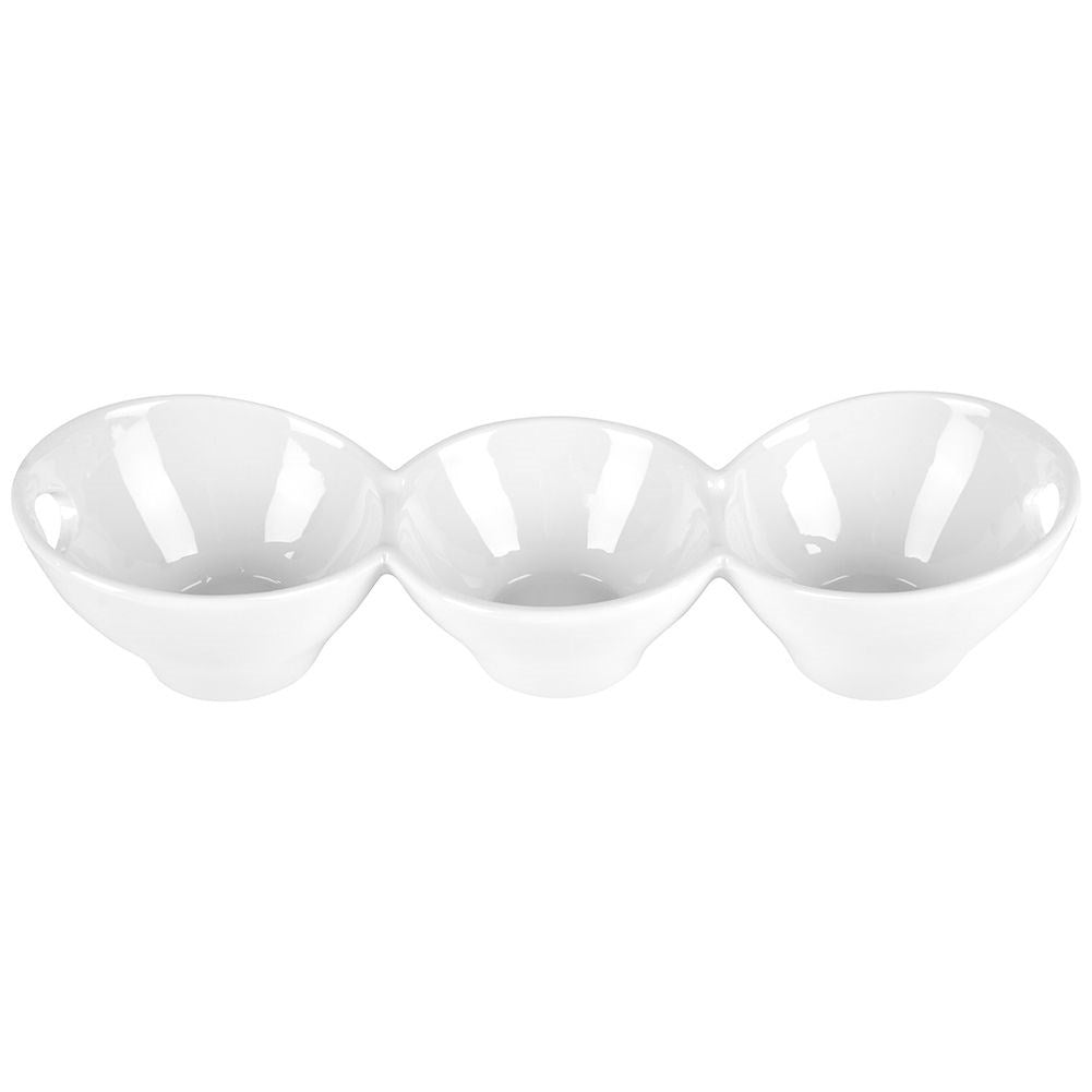 Bowl in white porcelain with three compartments for dip and snacks