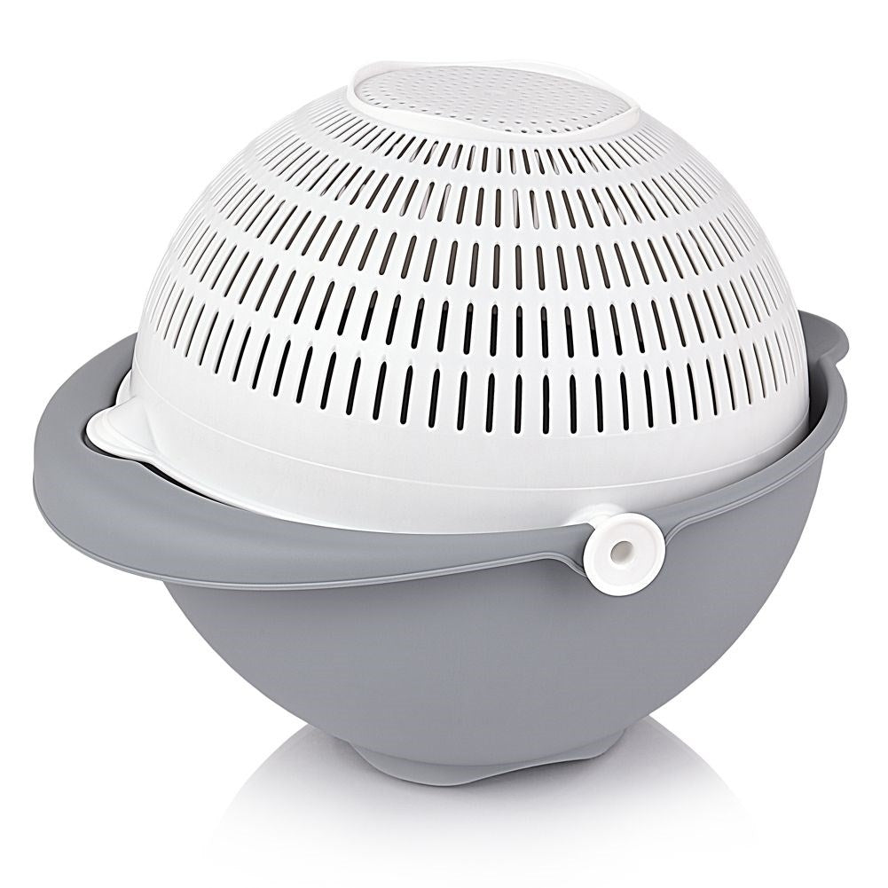 Bowl with rotating strainer for easy draining