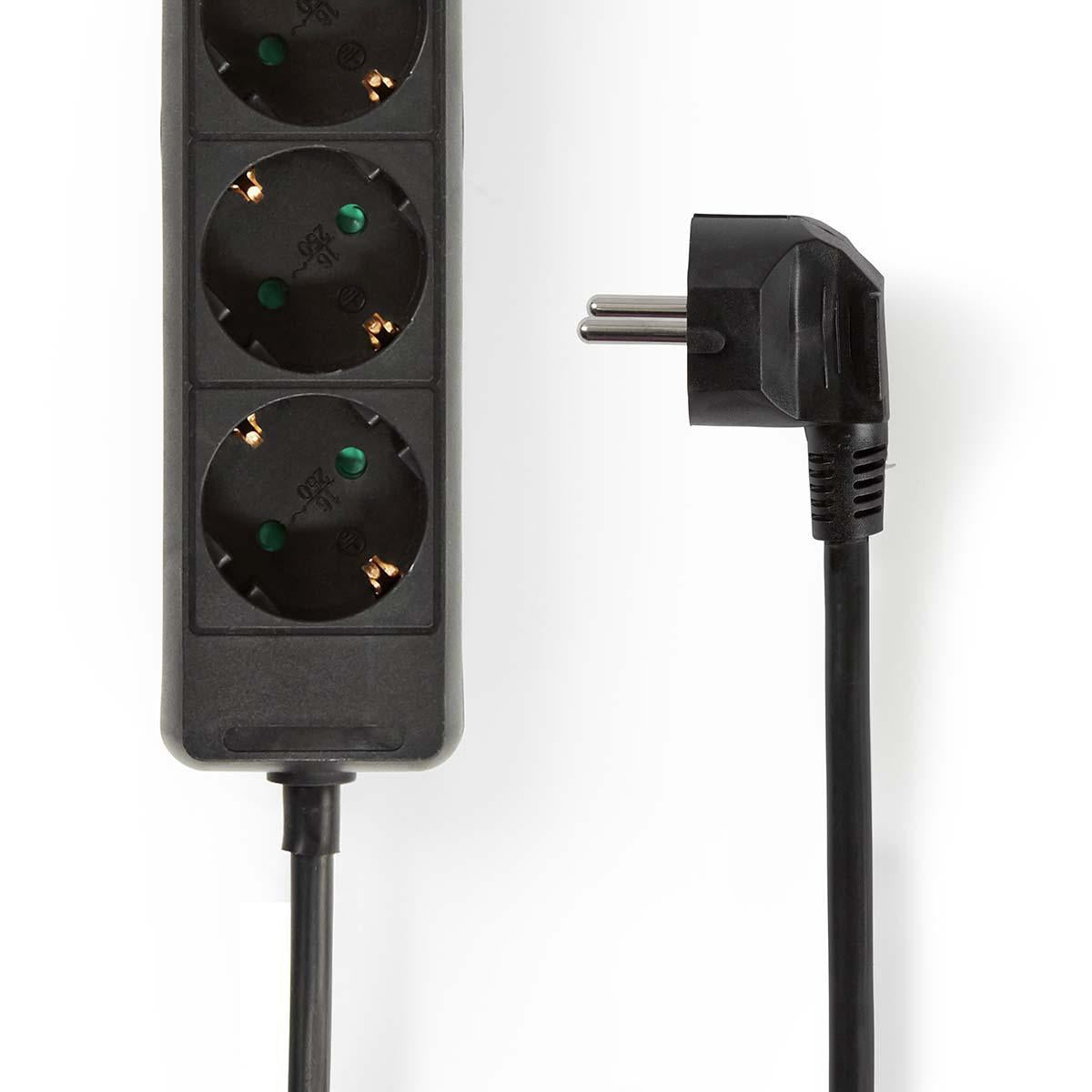 Branch contact | Earthed plug / Type F (CEE 7/7) | 3-way | 1.50 m | 3680 W | 16 A| Type of grounding: Side contact | 230 V AC 50/60 Hz | Outlet angle: 45 ° | H05VV-F 3G1.5mm² | Black