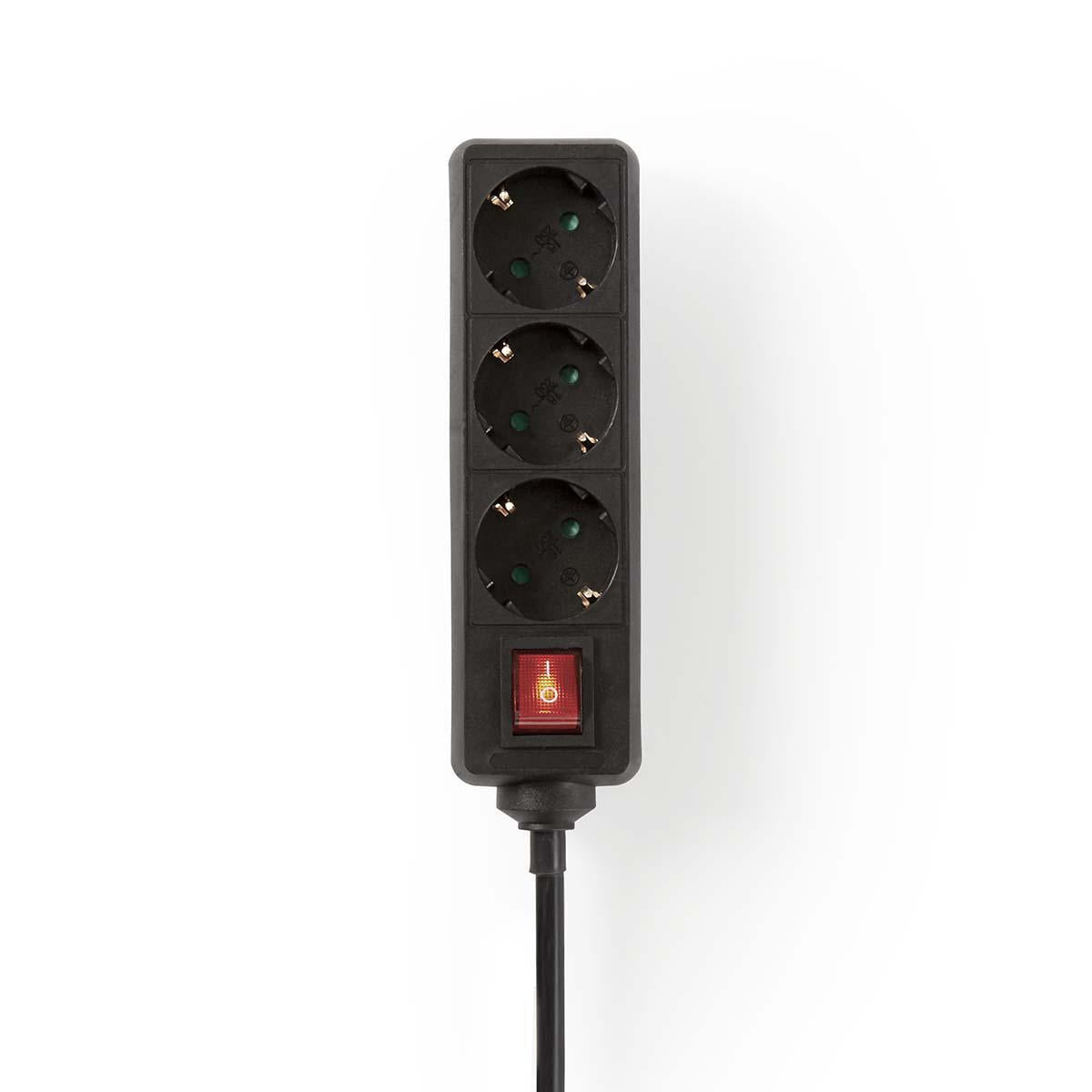 Branch contact | Earthed plug / Type F (CEE 7/7) | 3-way | 1.50 m | 3680 W | 16 A| Type of grounding: Side contact | 230 V AC 50/60 Hz | Outlet angle: 45 ° | H05VV-F 3G1.5mm² | On / off button | Black