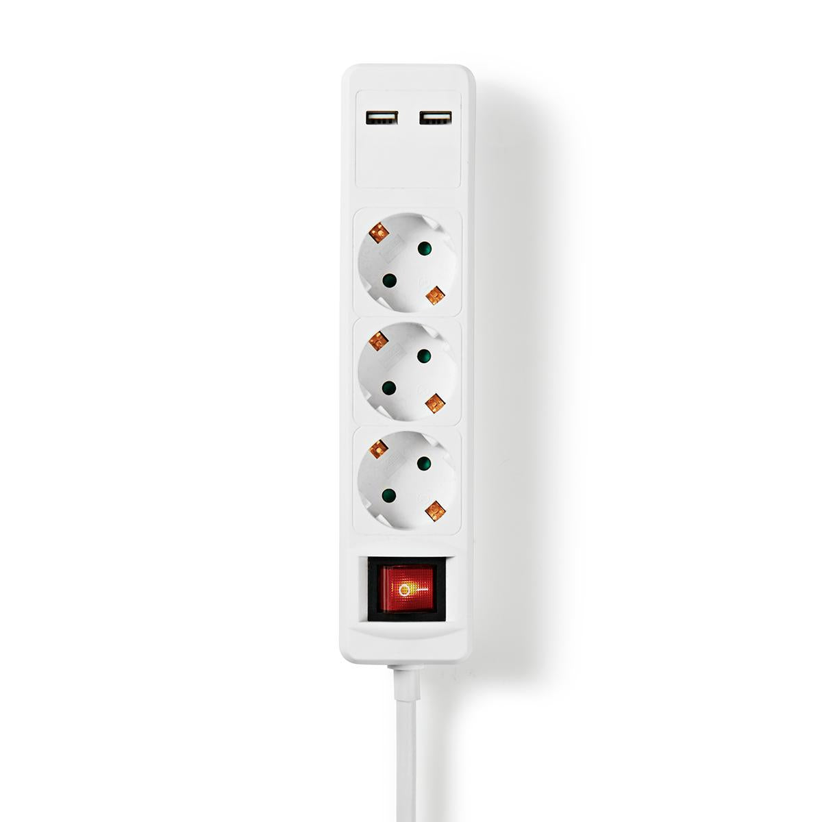 Branch contact | Earthed plug / Type F (CEE 7/7) | 3-way | 1.50 m | 3680 W | 16 A| Type of grounding: Side contact | 230 V AC 50/60 Hz | Outlet angle: 45 ° | H05VV-F 3G1.5mm² | On / off button | White