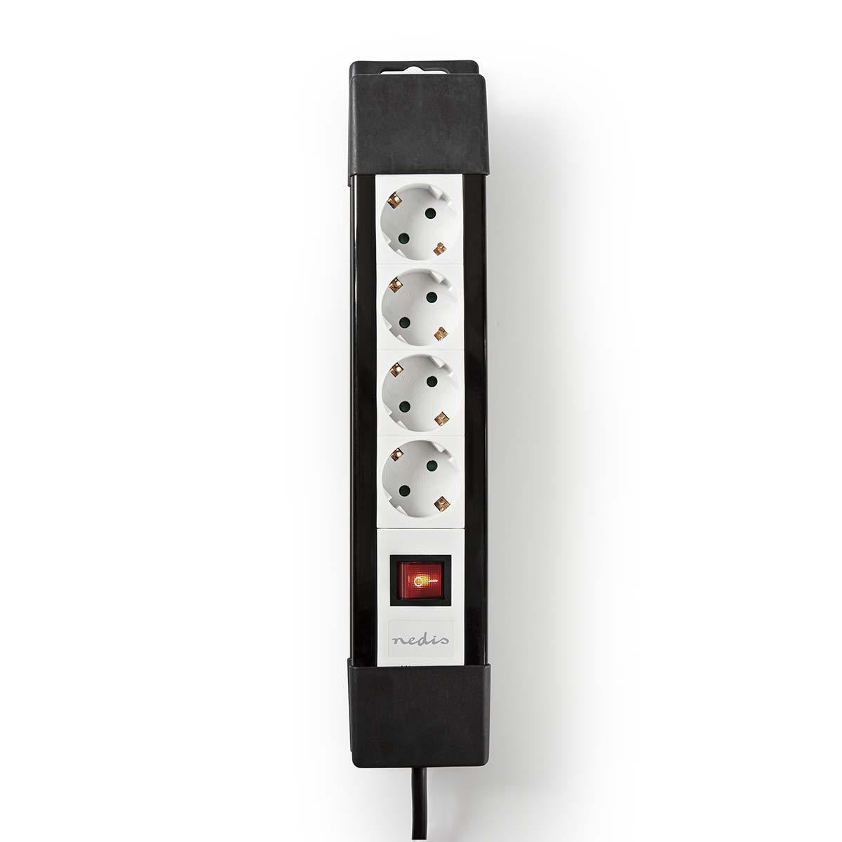 Branch contact | Earthed plug / Type F (CEE 7/7) | 4-way | 3.00 m | 3680 W | 16 A| Type of grounding: Side contact | 230 V AC 50/60 Hz | Outlet angle: 45 ° | H05VV-F 3G1.5mm² | On / off button | Black / White