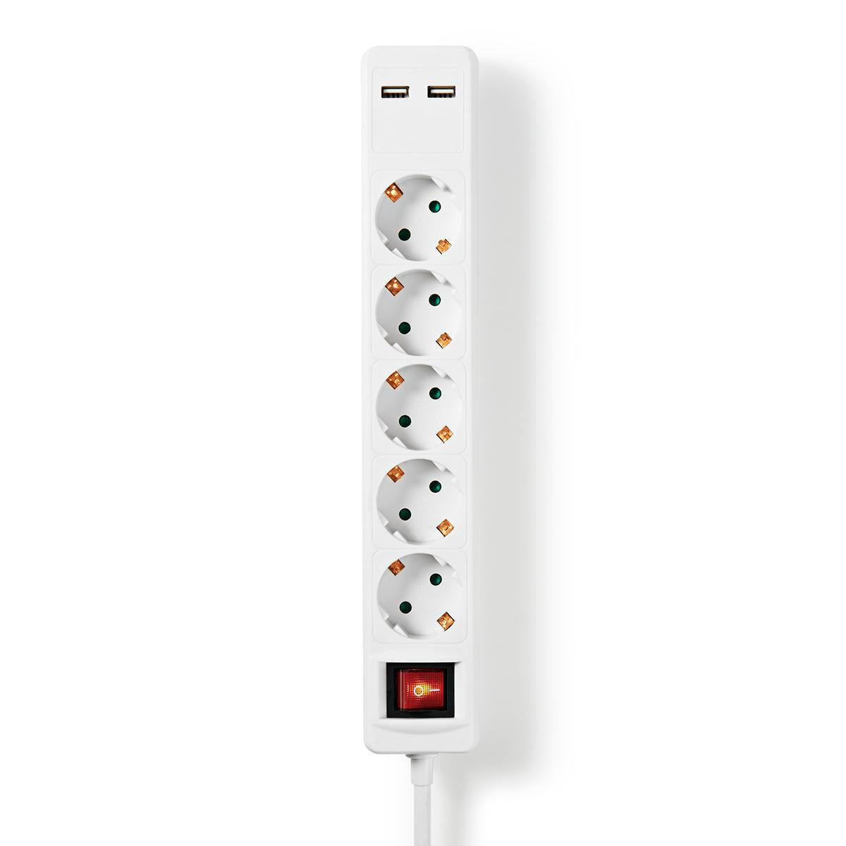 Branch contact | Earthed plug / Type F (CEE 7/7) | 5-way | 1.50 m | 3680 W | 16 A| Type of grounding: Side contact | 230 V AC 50/60 Hz | Outlet angle: 45 ° | H05VV-F 3G1.5mm² | On / off button | White
