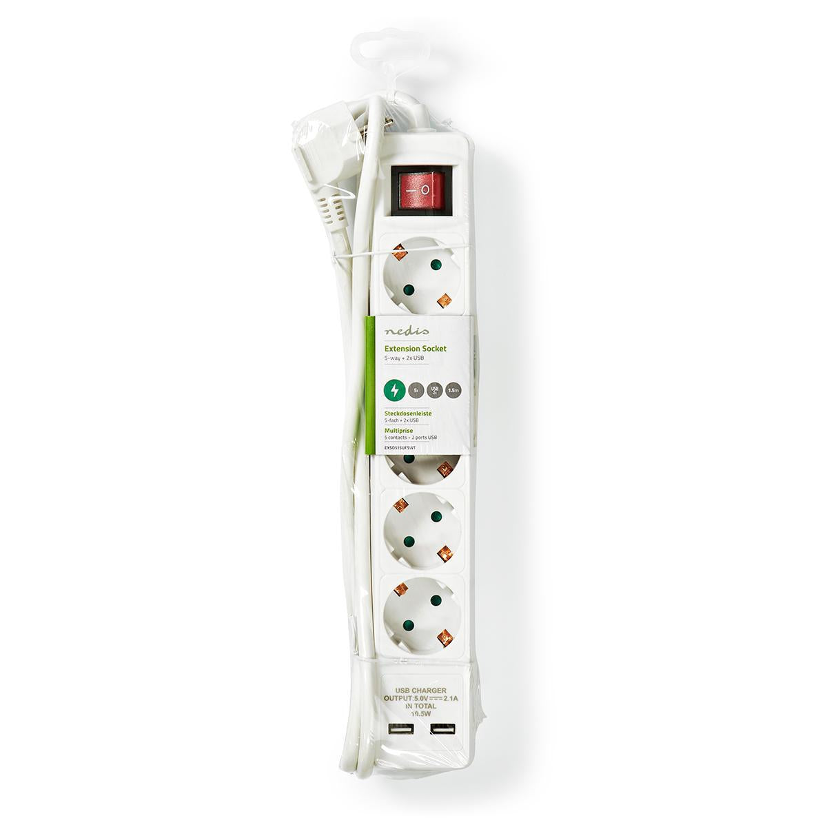 Branch contact | Earthed plug / Type F (CEE 7/7) | 5-way | 1.50 m | 3680 W | 16 A| Type of grounding: Side contact | 230 V AC 50/60 Hz | Outlet angle: 45 ° | H05VV-F 3G1.5mm² | On / off button | White