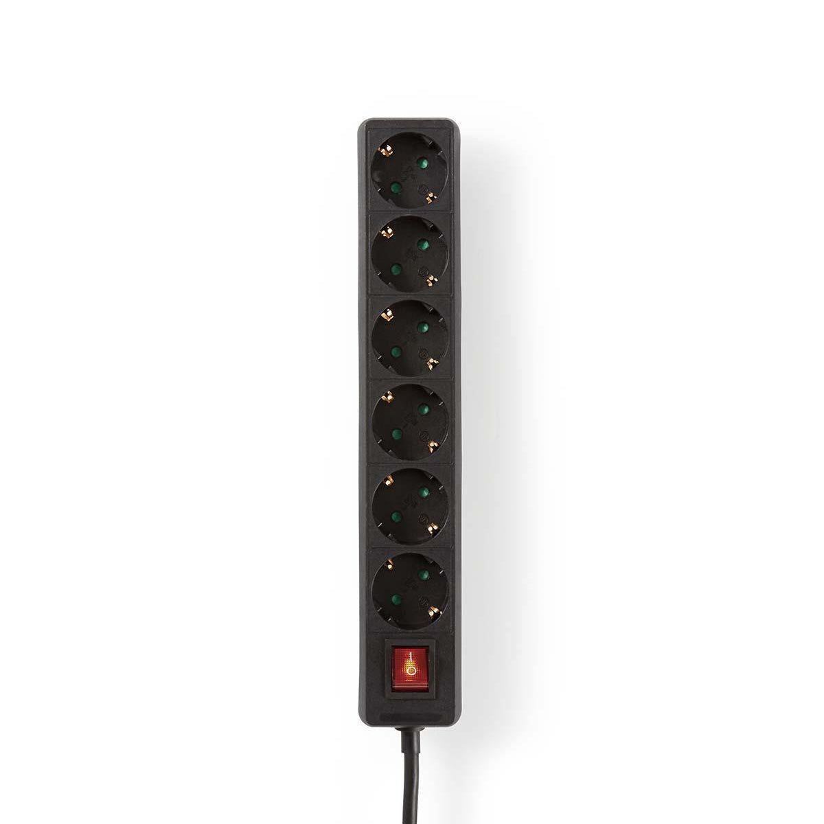 Branch contact | Earthed plug / Type F (CEE 7/7) | 6-way | 1.50 m | 3680 W | 16 A| Type of grounding: Side contact | 230 V AC 50/60 Hz | Outlet angle: 45 ° | H05VV-F 3G1.5mm² | On / off button | Black