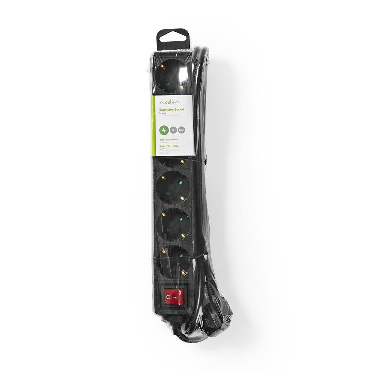 Branch contact | Earthed plug / Type F (CEE 7/7) | 6-way | 1.50 m | 3680 W | 16 A| Type of grounding: Side contact | 230 V AC 50/60 Hz | Outlet angle: 45 ° | H05VV-F 3G1.5mm² | On / off button | Black
