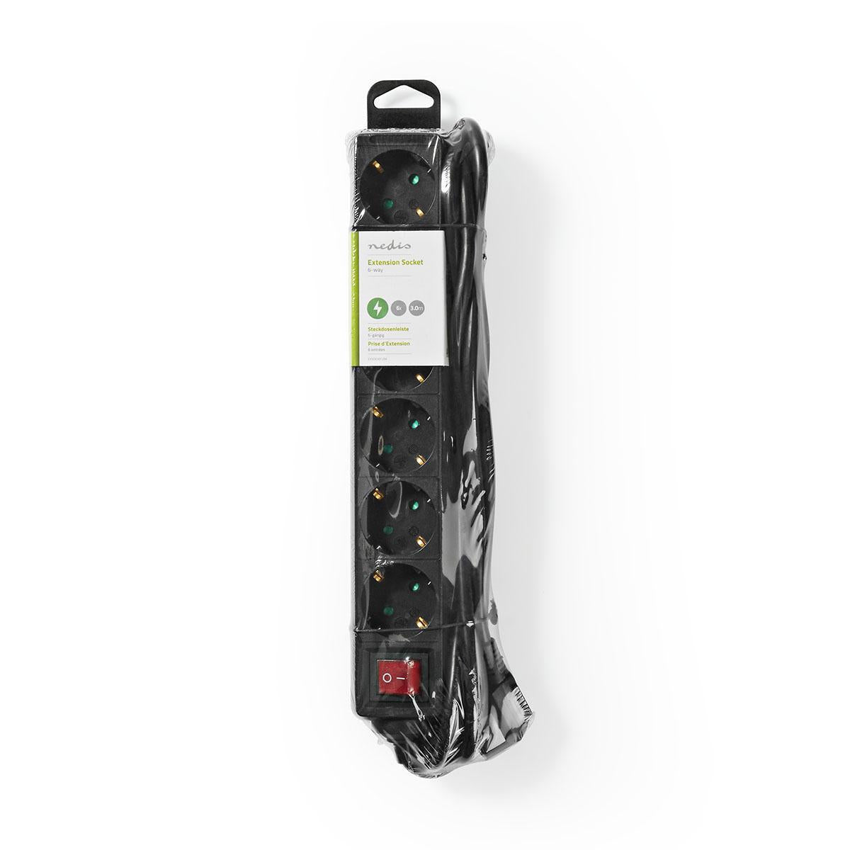 Branch contact | Earthed plug / Type F (CEE 7/7) | 6-way | 3.00 m | 3680 W | 16 A| Type of grounding: Side contact | 230 V AC 50/60 Hz | Outlet angle: 45 ° | H05VV-F 3G1.5mm² | On / off button | Black