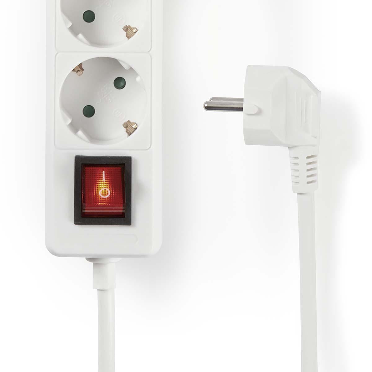 Branch contact | Earthed plug / Type F (CEE 7/7) | 6-way | 3.00 m | 3680 W | 16 A| Type of grounding: Side contact | 230 V AC 50/60 Hz | Outlet angle: 45 ° | H05VV-F 3G1.5mm² | On / off button | White