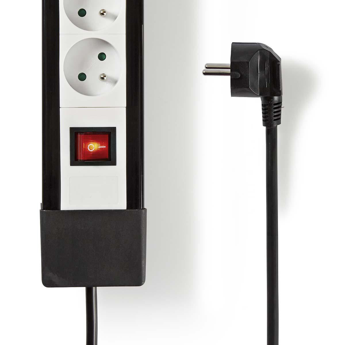 Branch contact | Earthed plug / Type F (CEE 7/7) | 8-way | 3.00 m | 3680 W | 16 A| Type of grounding: Side contact | 230 V AC 50/60 Hz | Outlet angle: 45 ° | H05VV-F 3G1.5mm² | On / off button | Black / White