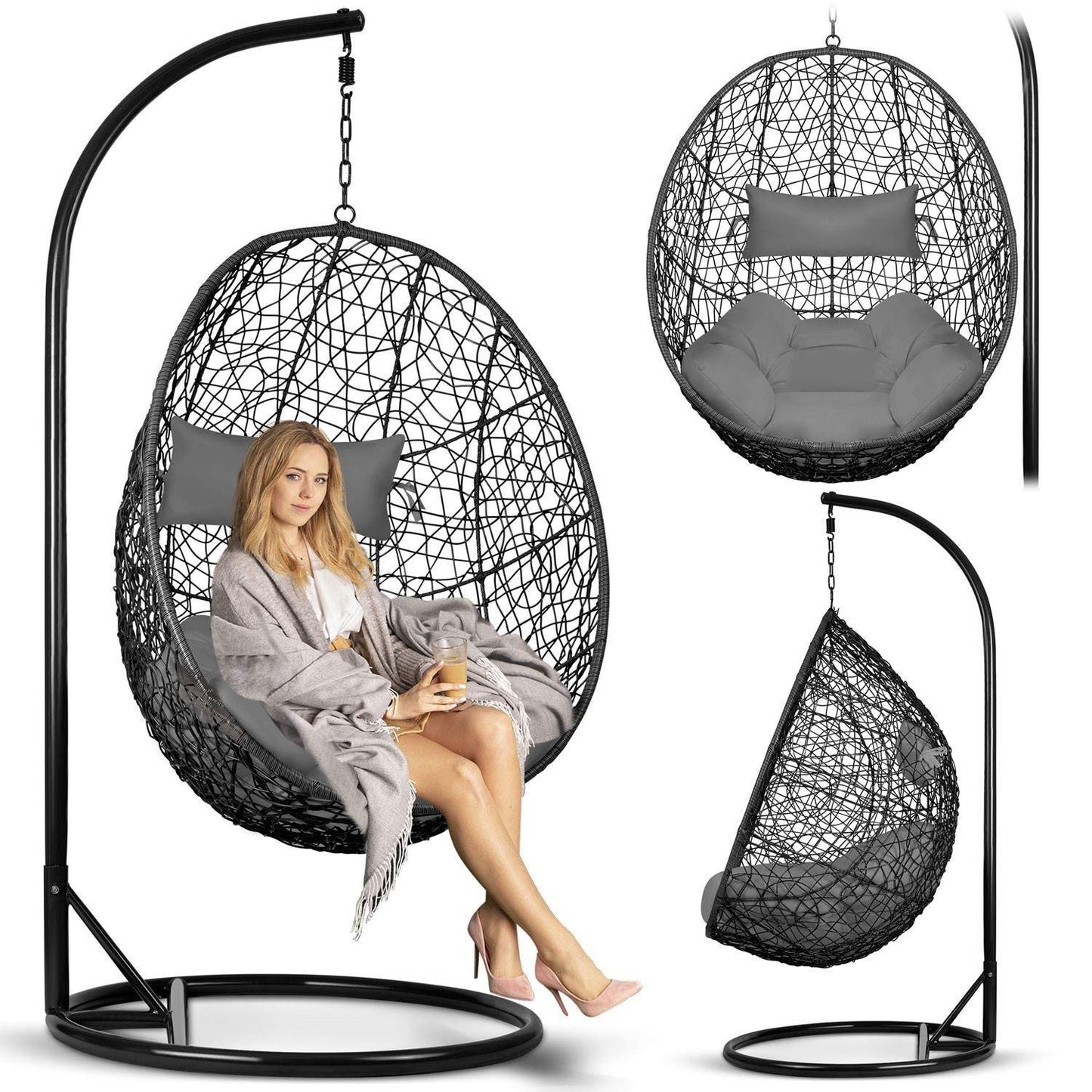 Brava black hanging garden chair + grey cushions Sofotel