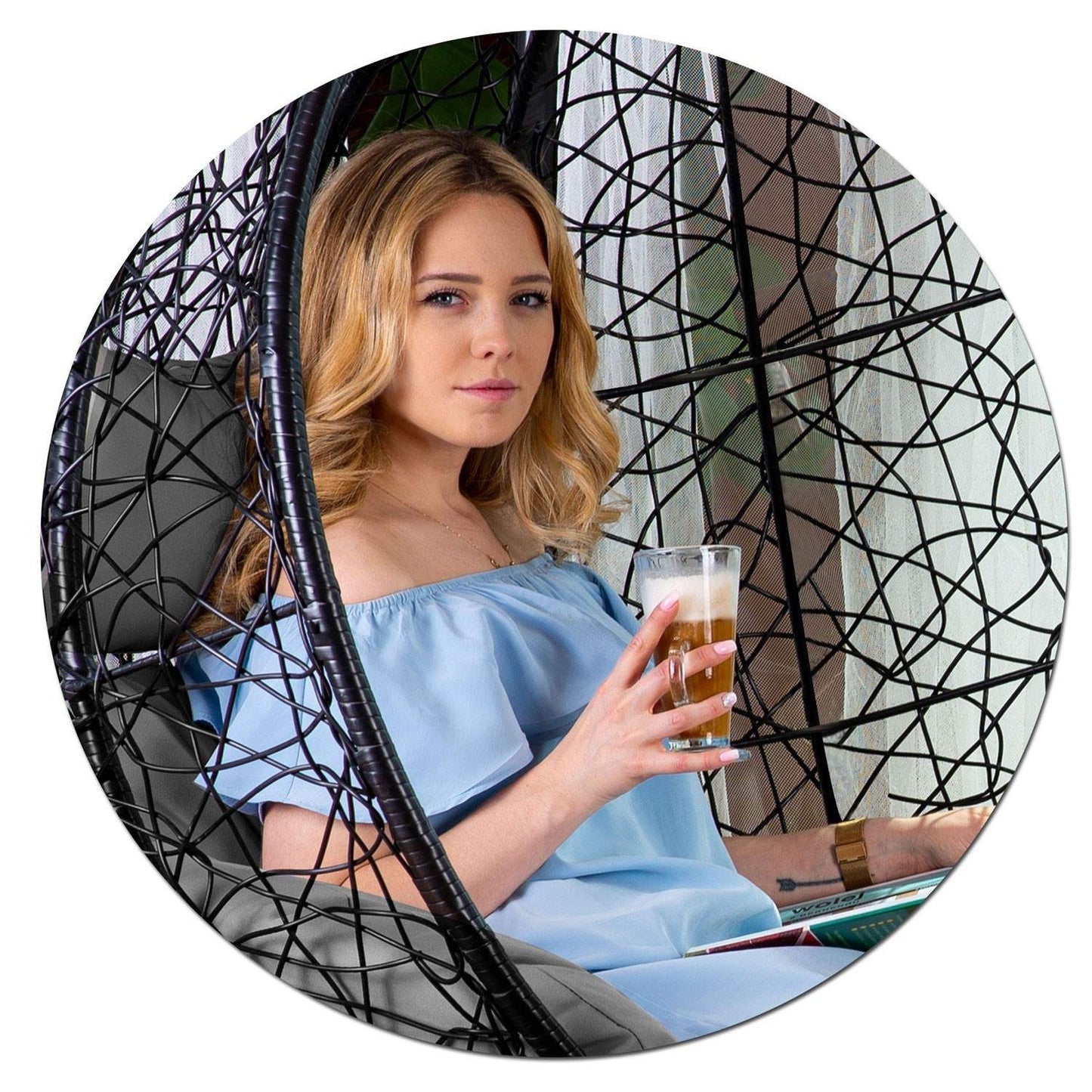 Brava black hanging garden chair + grey cushions Sofotel