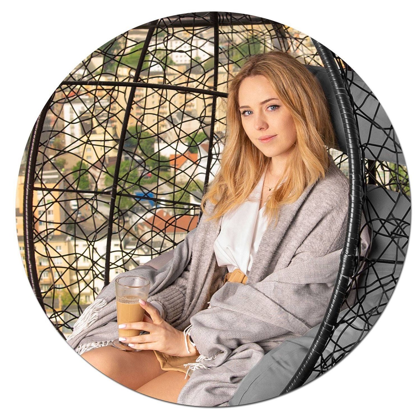 Brava black hanging garden chair + grey cushions Sofotel