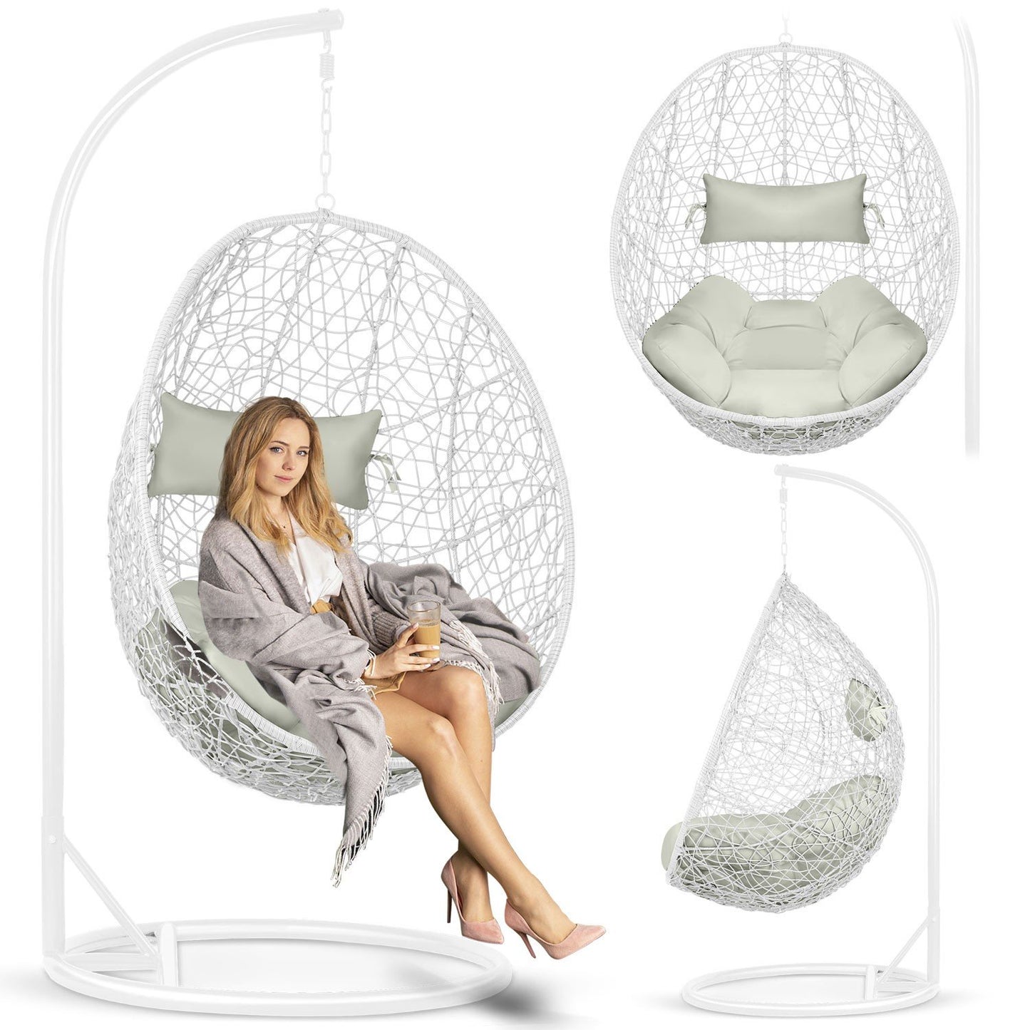 Brava hanging garden chair white + grey cushions Sofotel