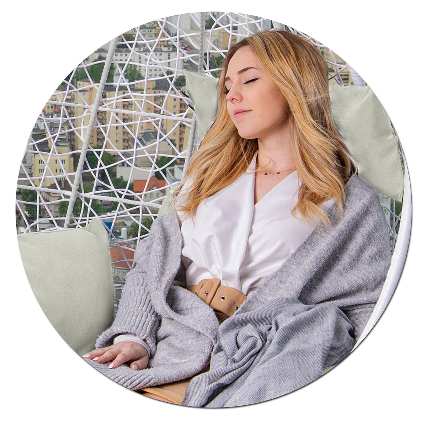 Brava hanging garden chair white + grey cushions Sofotel