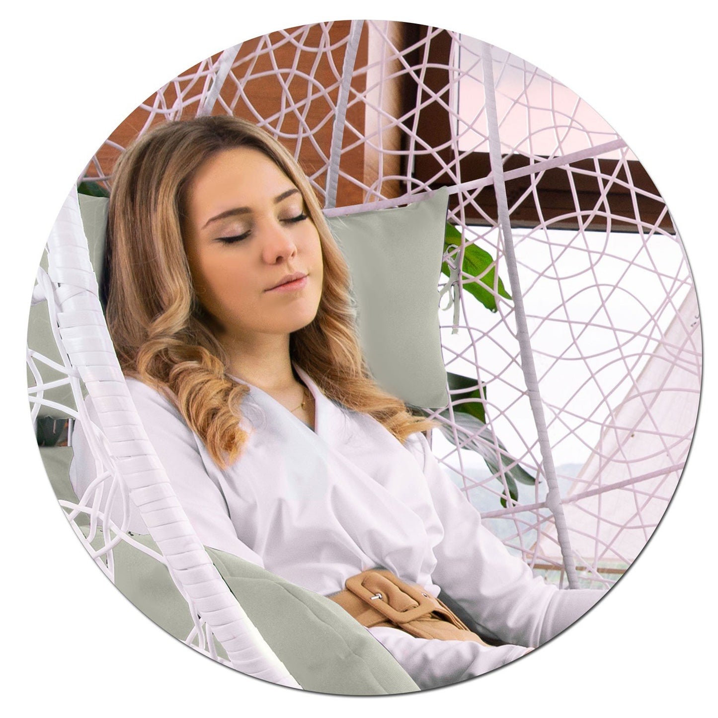 Brava hanging garden chair white + grey cushions Sofotel