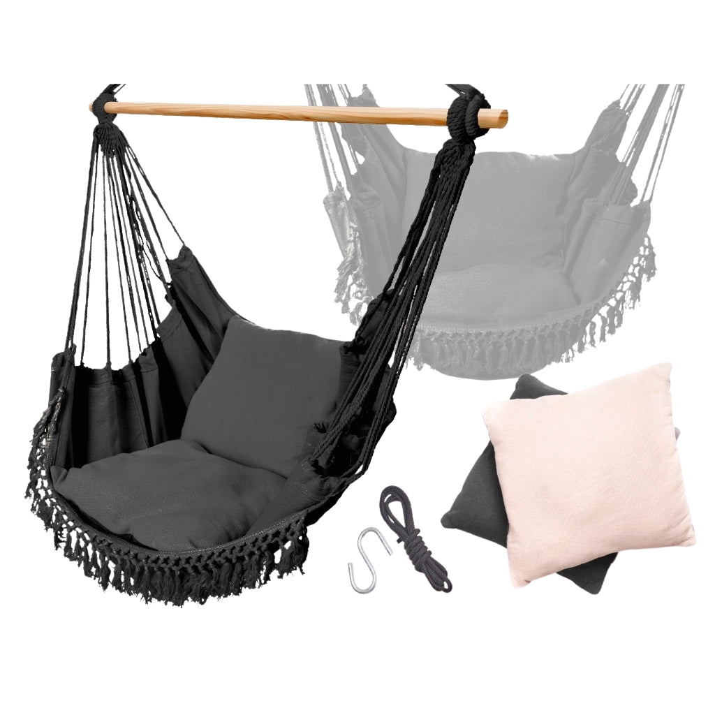 Brazilian hammock chair with cushions black with tassels