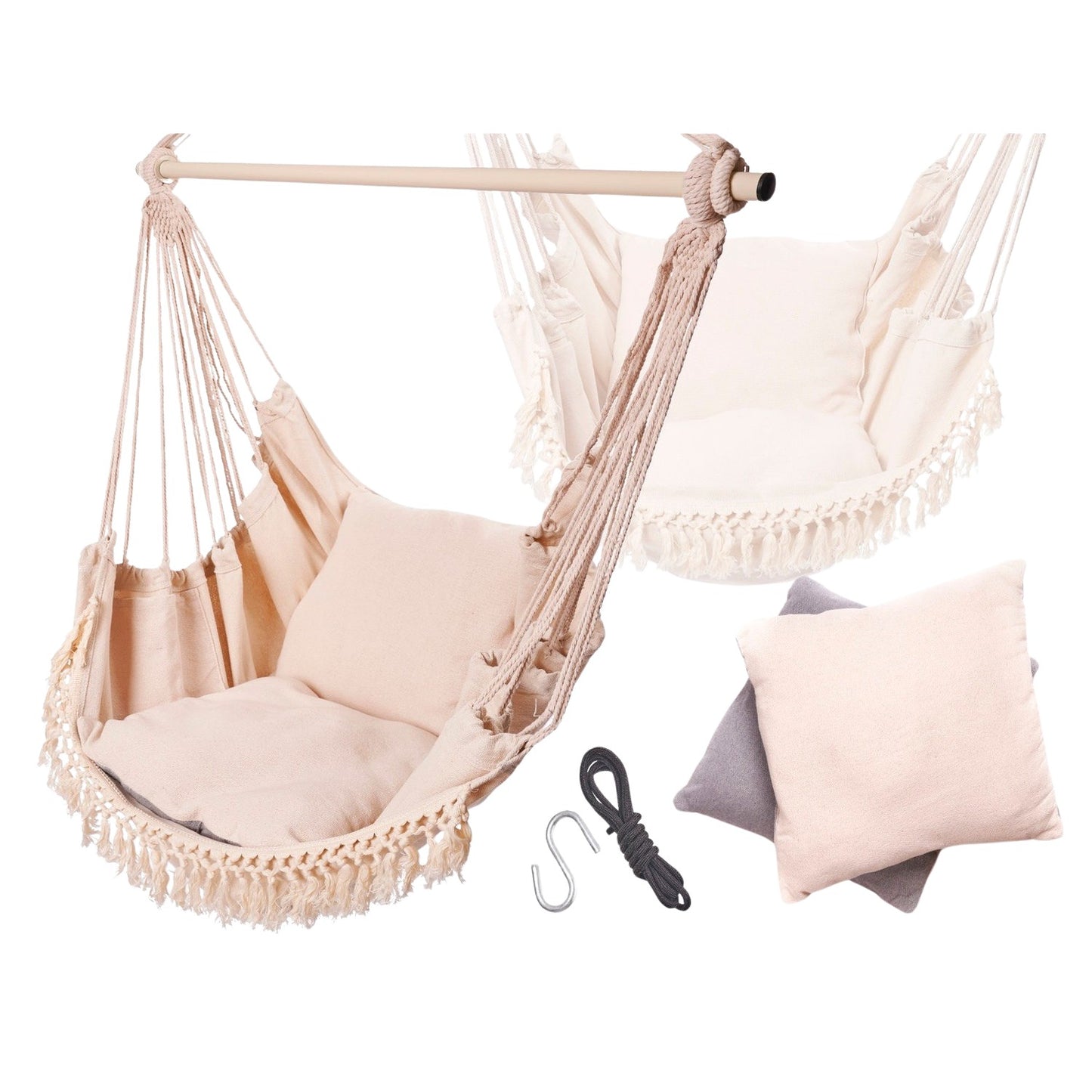 Brazilian hammock chair with cushions ecru tassels metal headband