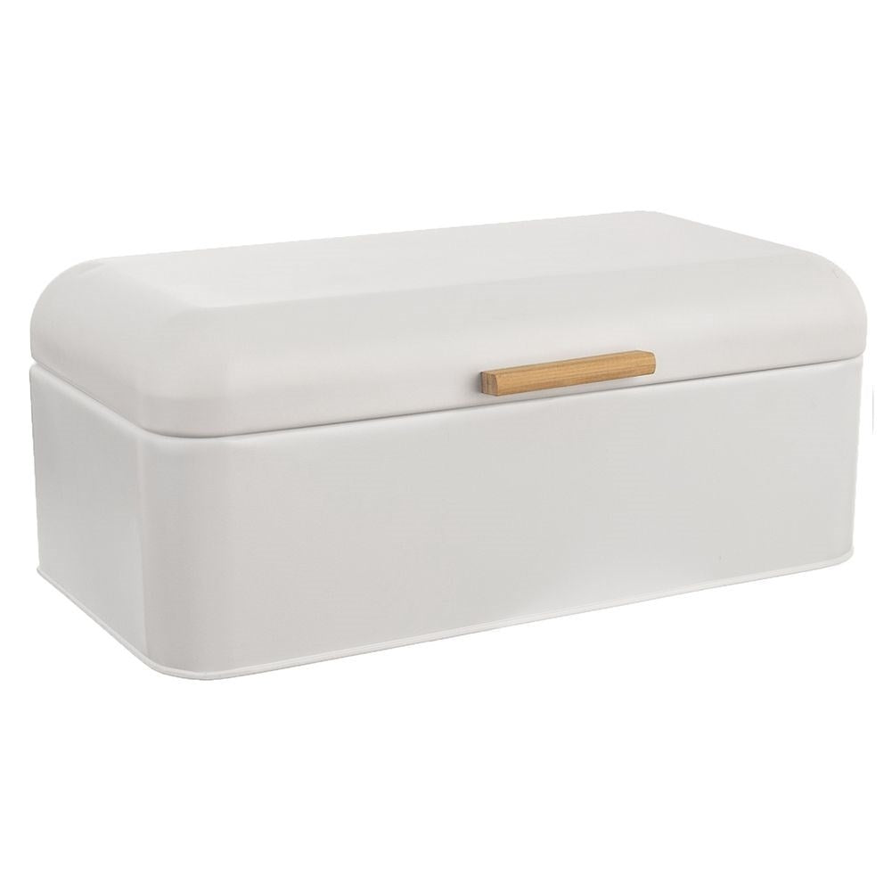 Bread box in white metal with bamboo handle - keeps bread fresh