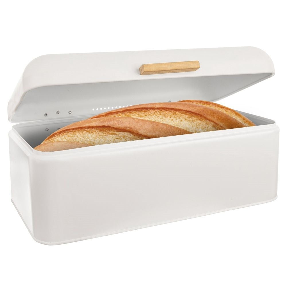 Bread box in white metal with bamboo handle - keeps bread fresh