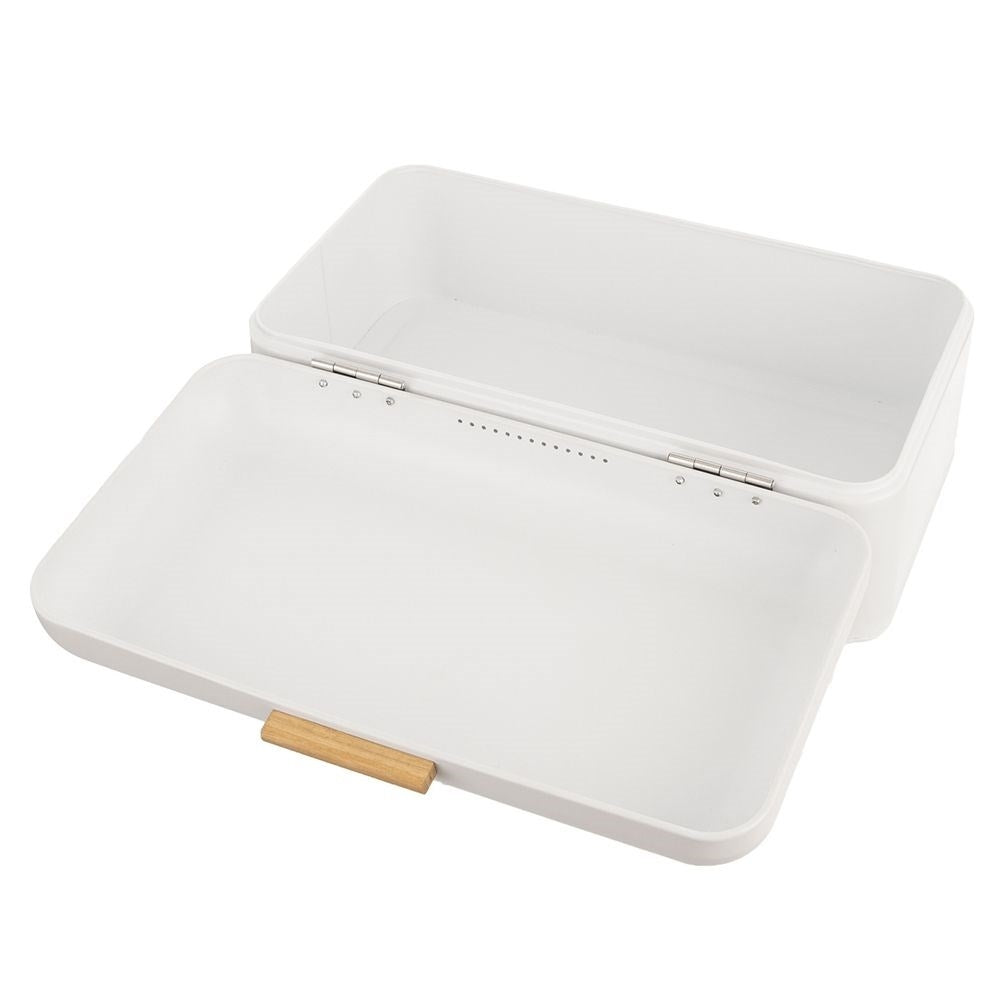 Bread box in white metal with bamboo handle - keeps bread fresh
