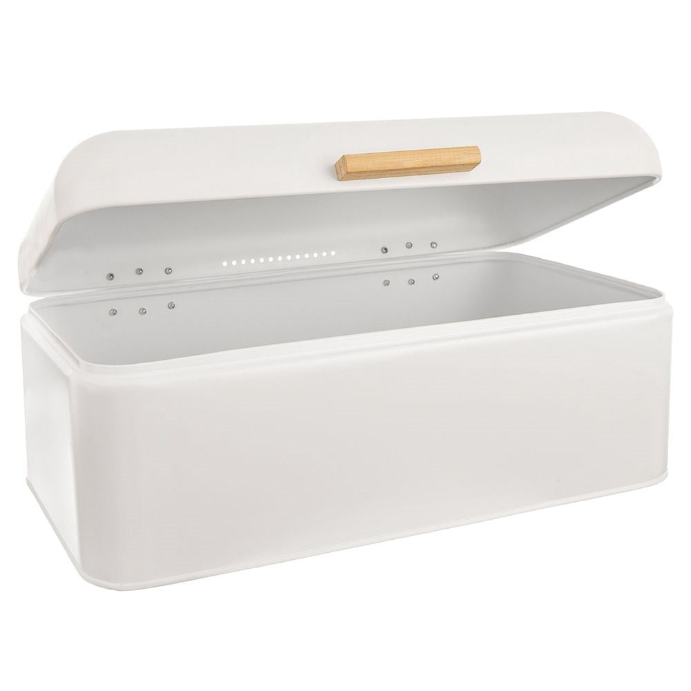 Bread box in white metal with bamboo handle - keeps bread fresh