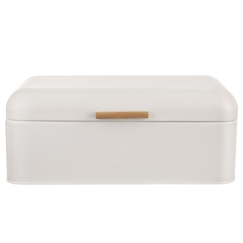 Bread box in white metal with bamboo handle - keeps bread fresh