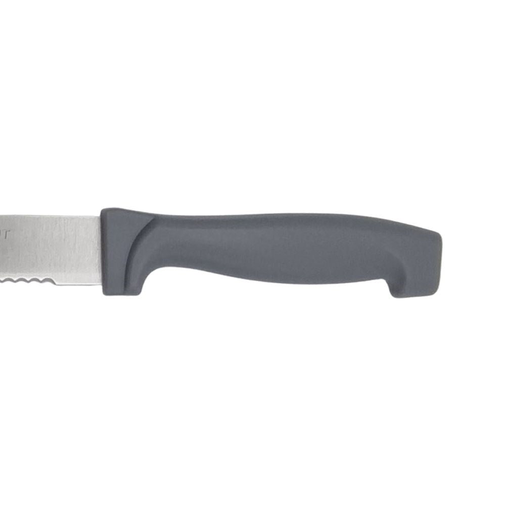 Bread knife with ergonomic handle and steel blade