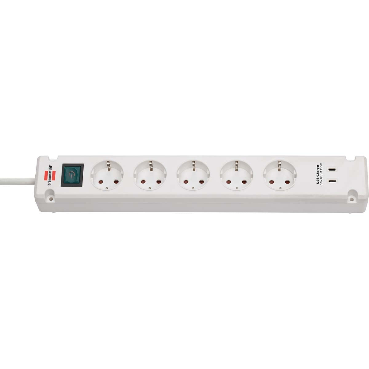 Bremounta power strip 5-way with 2 USB C charging sockets (USB C plug block with switch and 3m cable, distribution box for wall mounting)