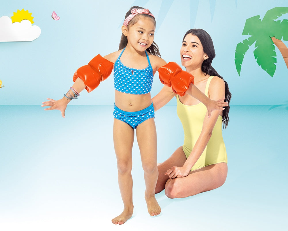 Bright inflatable armbands for swimmers learning to swim