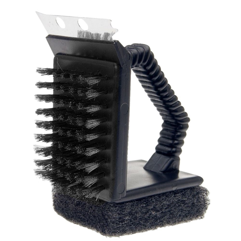 Brush with two surfaces, scraper and short handle for tough dirt
