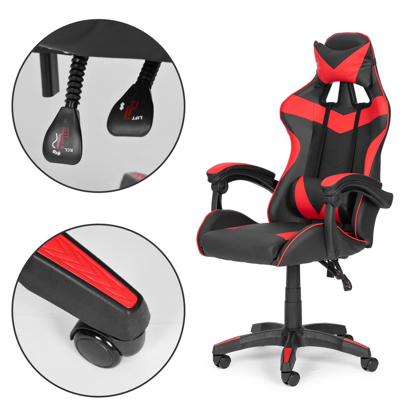 Bucket gaming chair, office chair with adjustment and cushions