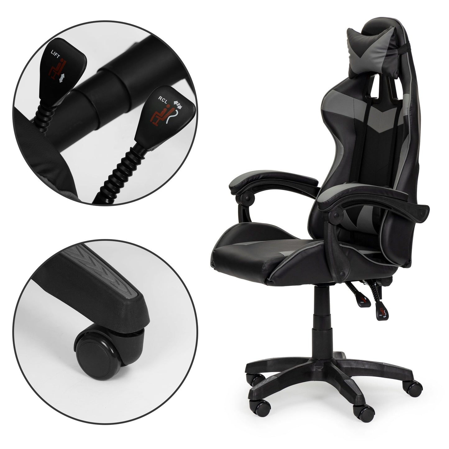 Bucket gaming chair, office chair with adjustment and cushions