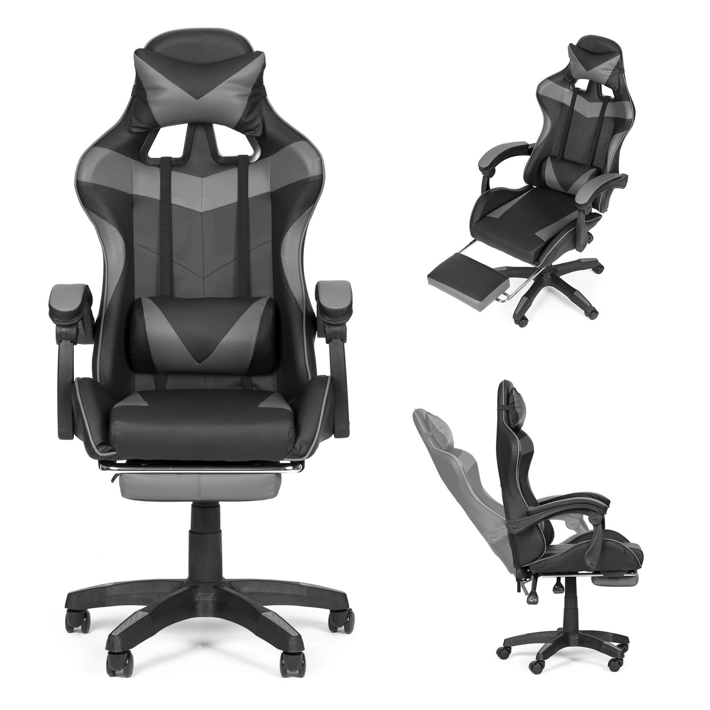 Bucket gaming chair, office chair with adjustment and footrest cushions, gray