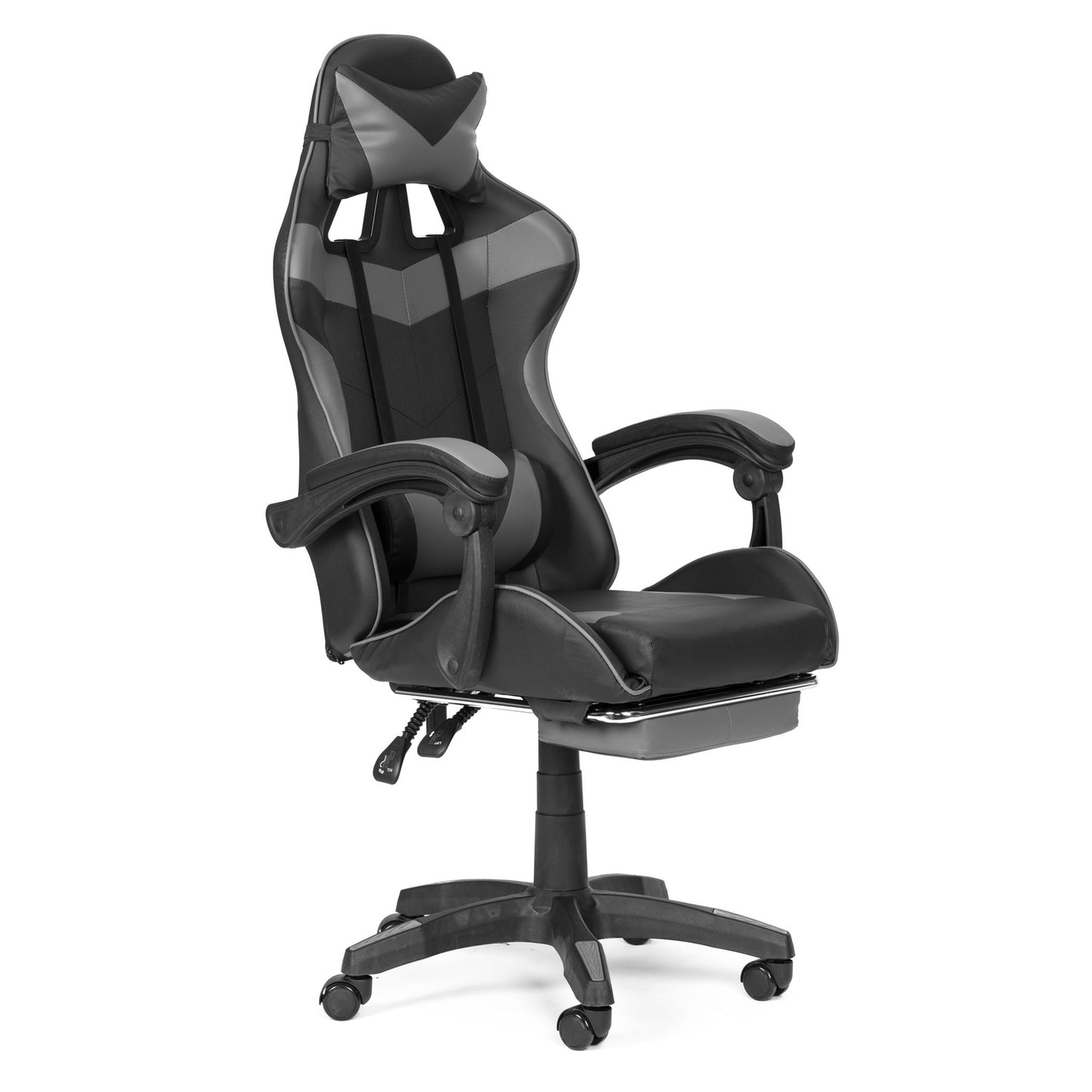 Bucket gaming chair, office chair with adjustment and footrest cushions, gray