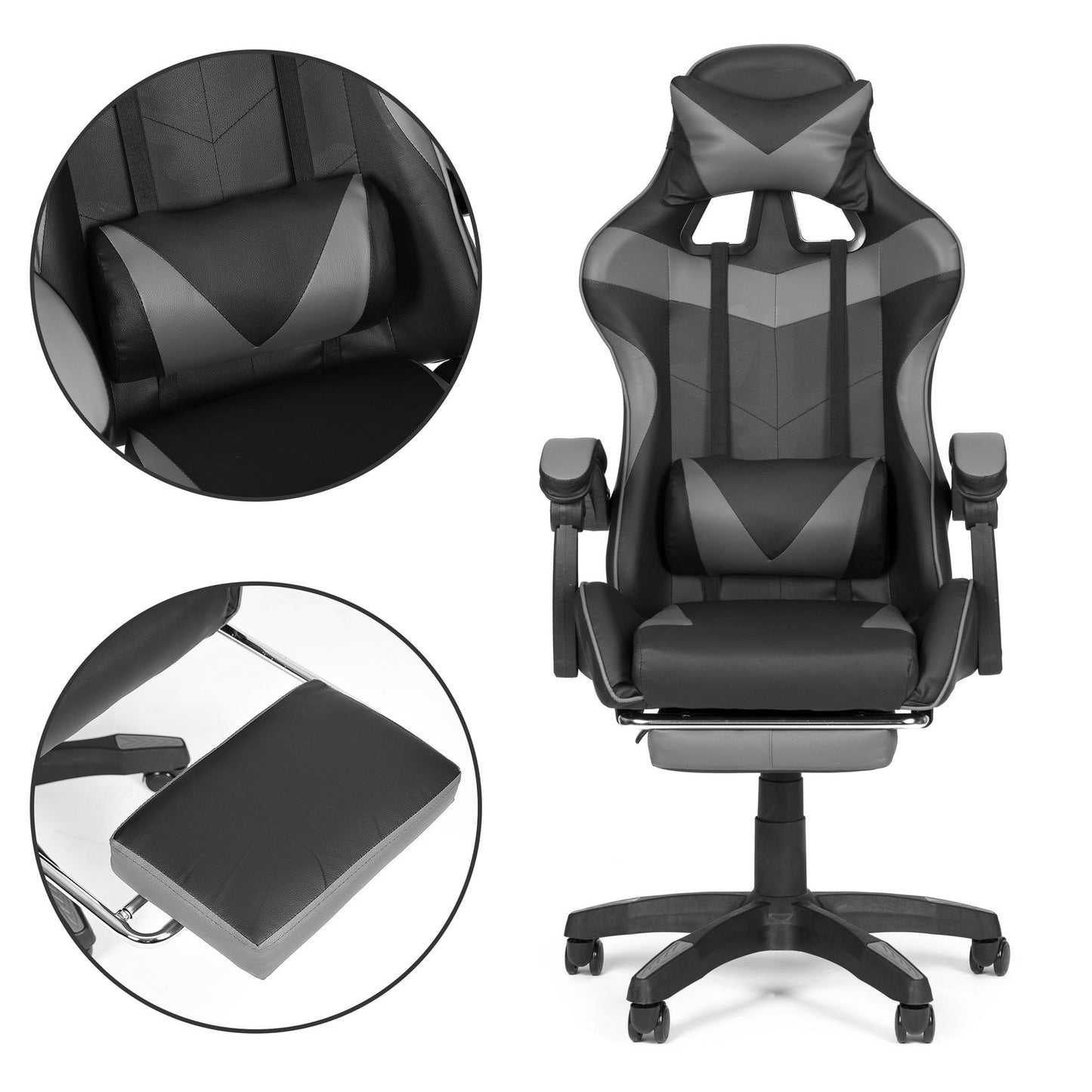 Bucket gaming chair, office chair with adjustment and footrest cushions, gray