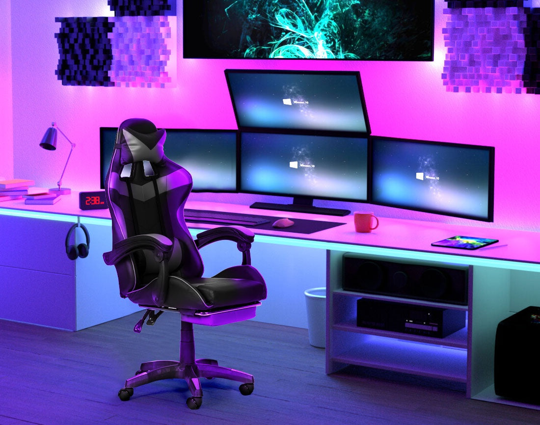 Bucket gaming chair, office chair with adjustment and footrest cushions, gray