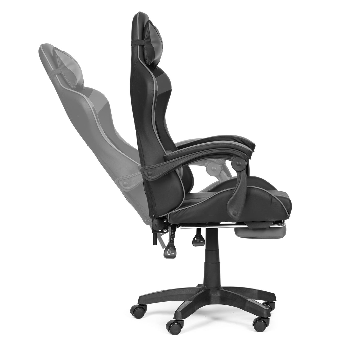 Bucket gaming chair, office chair with adjustment and footrest cushions, gray