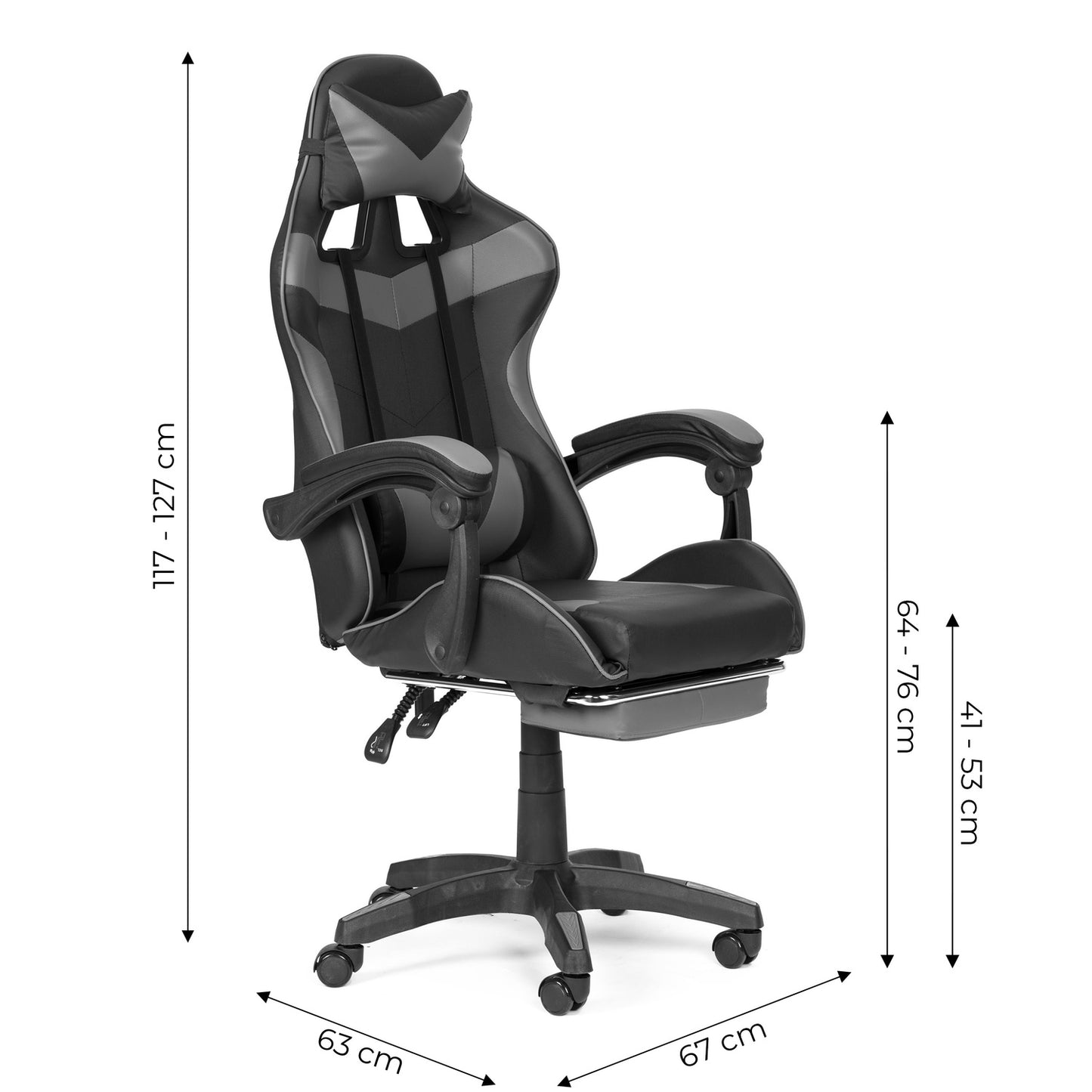 Bucket gaming chair, office chair with adjustment and footrest cushions, gray