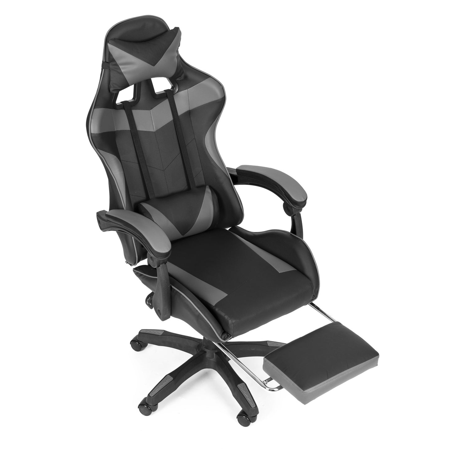 Bucket gaming chair, office chair with adjustment and footrest cushions, gray