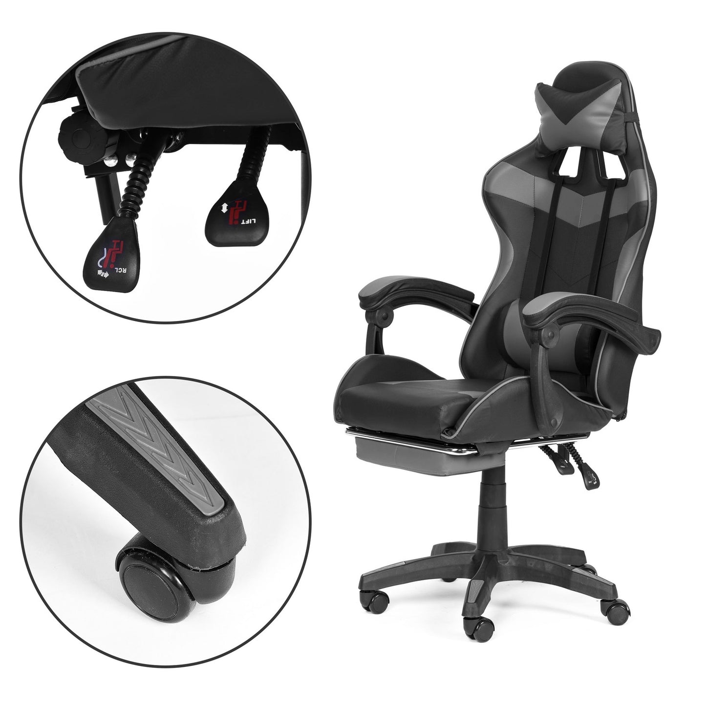 Bucket gaming chair, office chair with adjustment and footrest cushions, gray