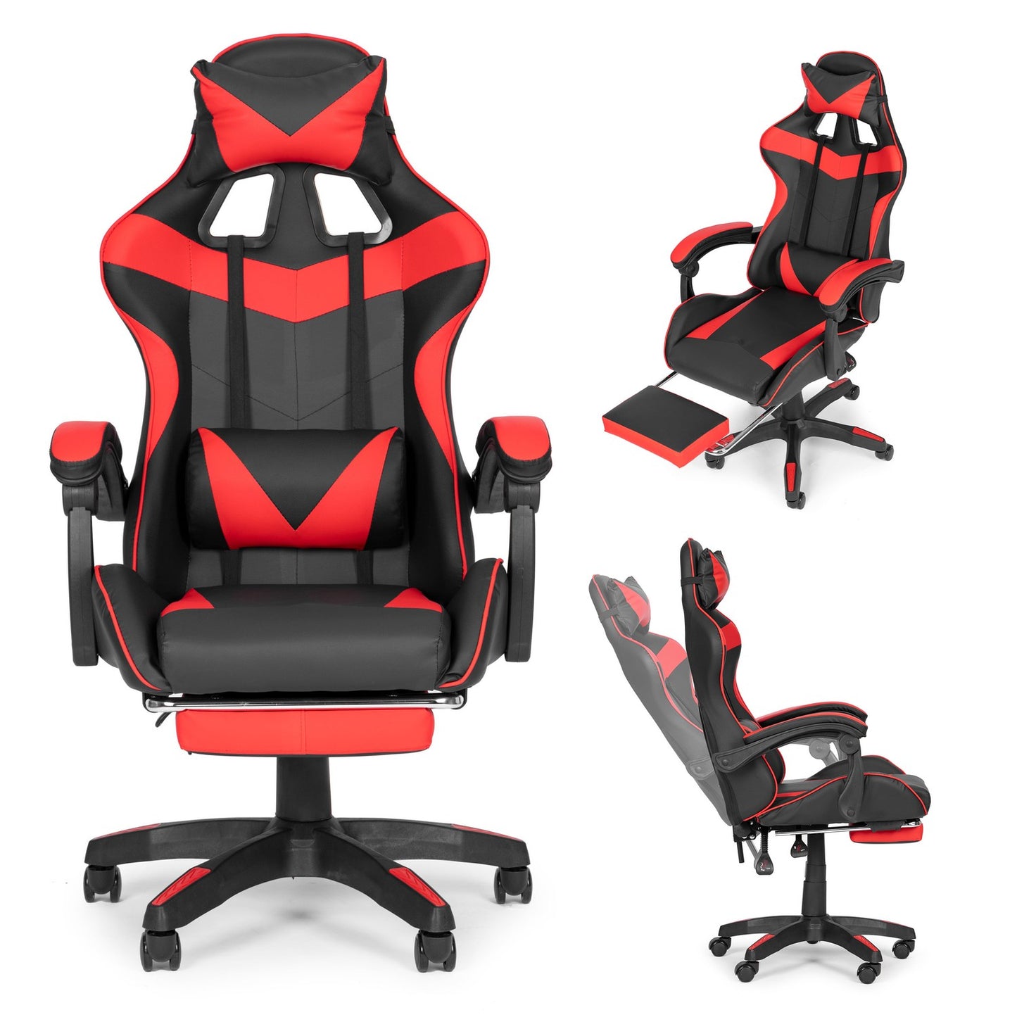 Bucket gaming chair, office chair with adjustment and footrest cushions, red