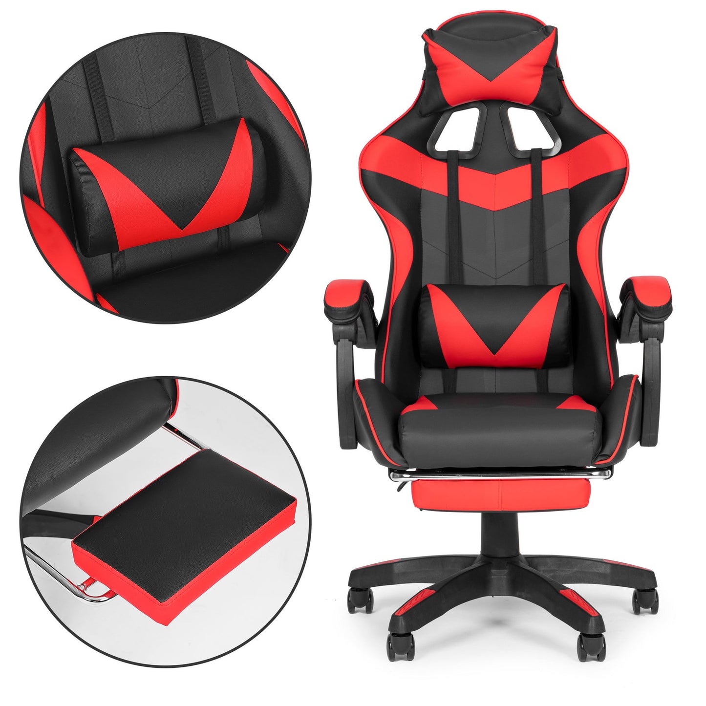 Bucket gaming chair, office chair with adjustment and footrest cushions, red