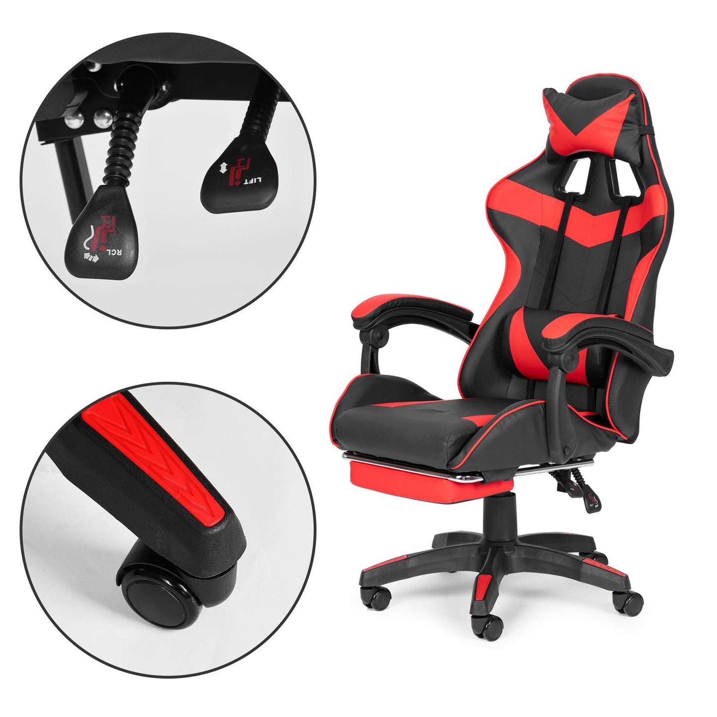 Bucket gaming chair, office chair with adjustment and footrest cushions, red