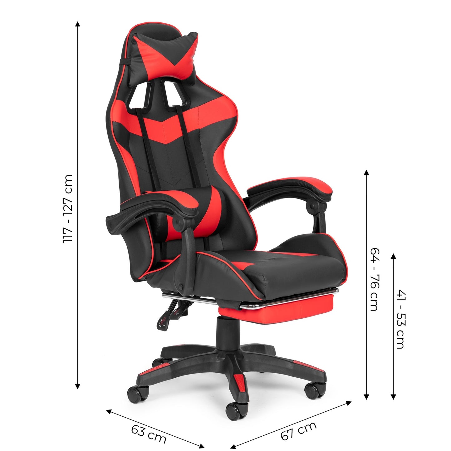 Bucket gaming chair, office chair with adjustment and footrest cushions, red