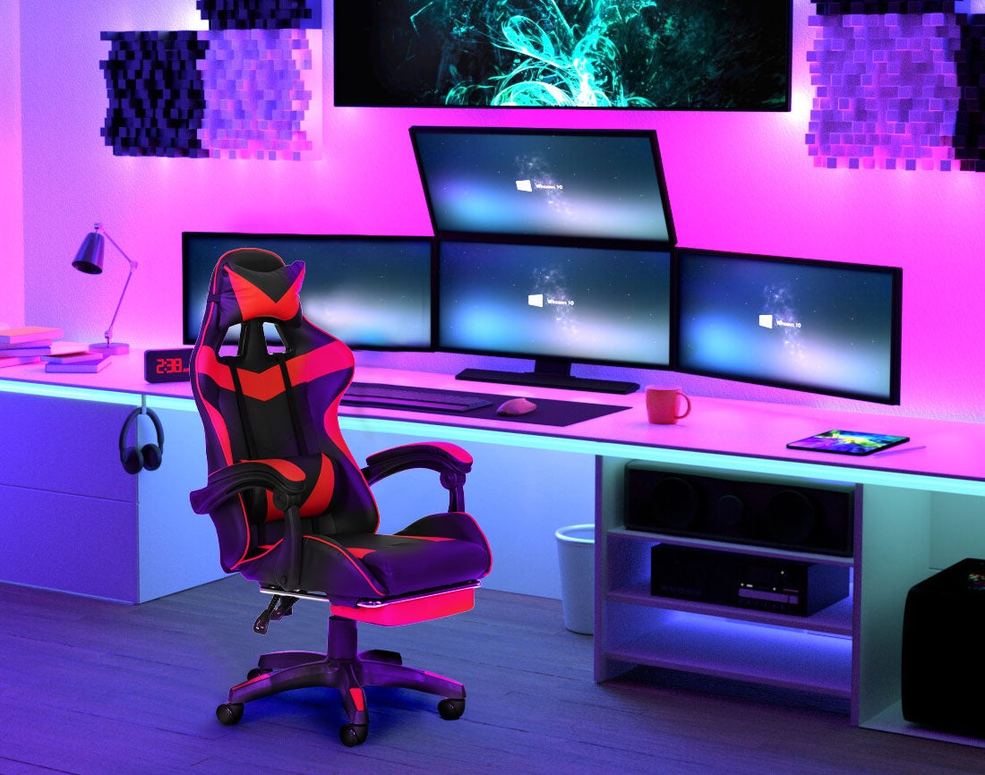 Bucket gaming chair, office chair with adjustment and footrest cushions, red